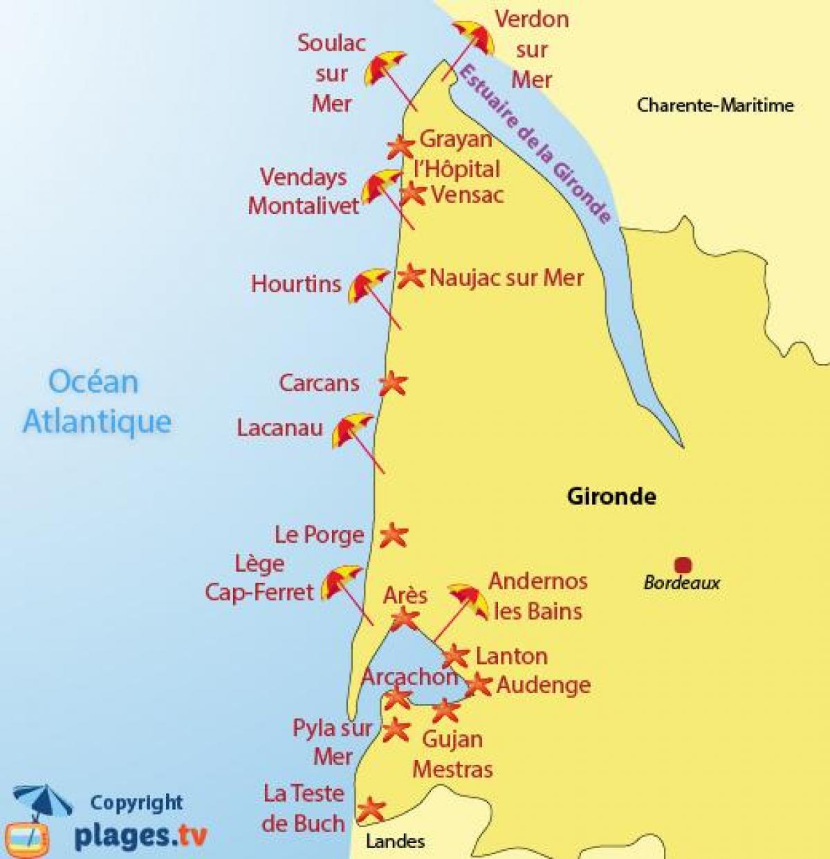 mappa di Bordeaux spiaggia