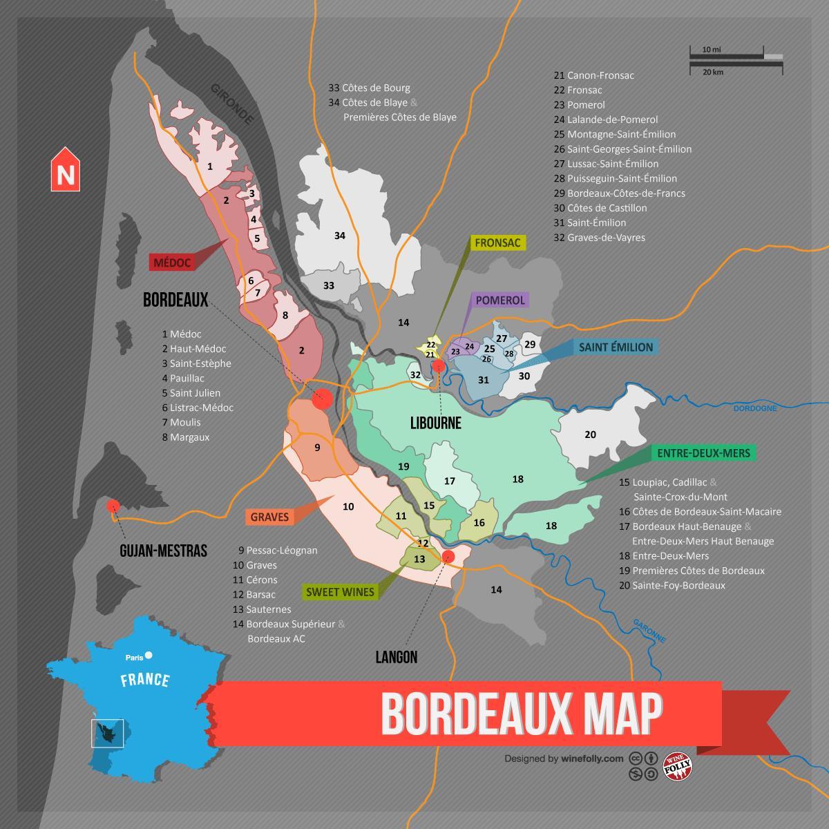 Il vino di Bordeaux paese mappa