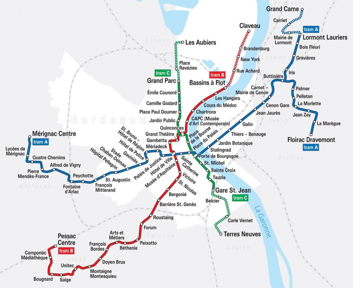tram mappa di Bordeaux, francia