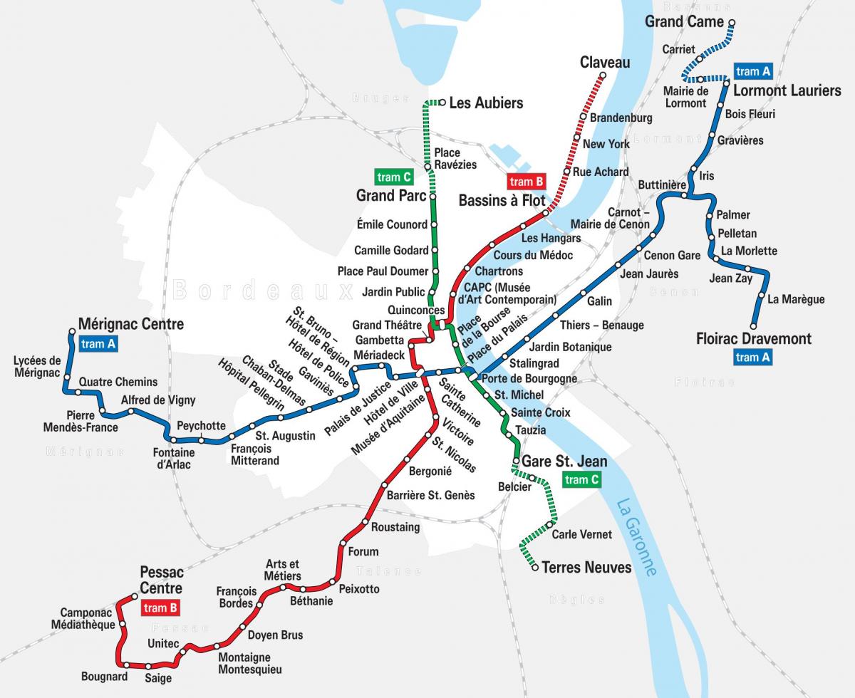 Bordeaux percorso del tram mappa